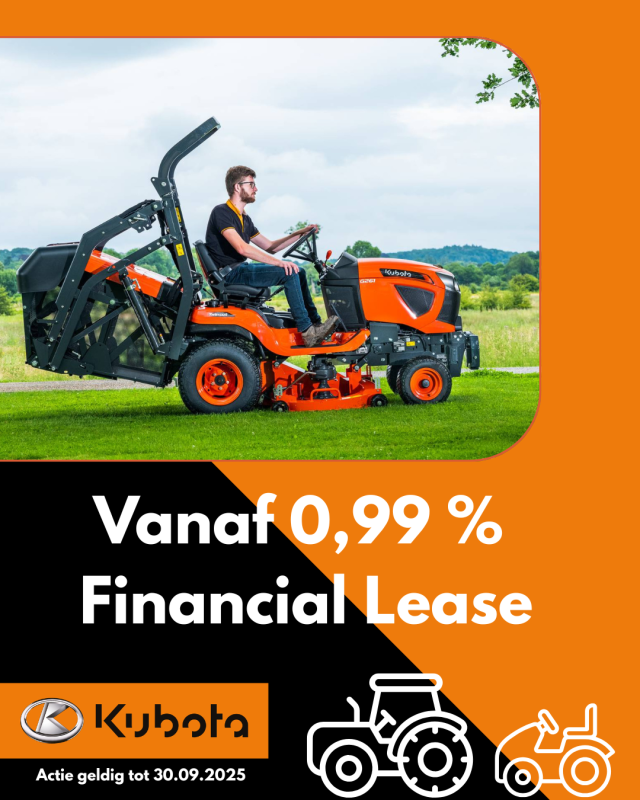 Man op zitmaaier, actie kubota finance 0,99% Financial lease